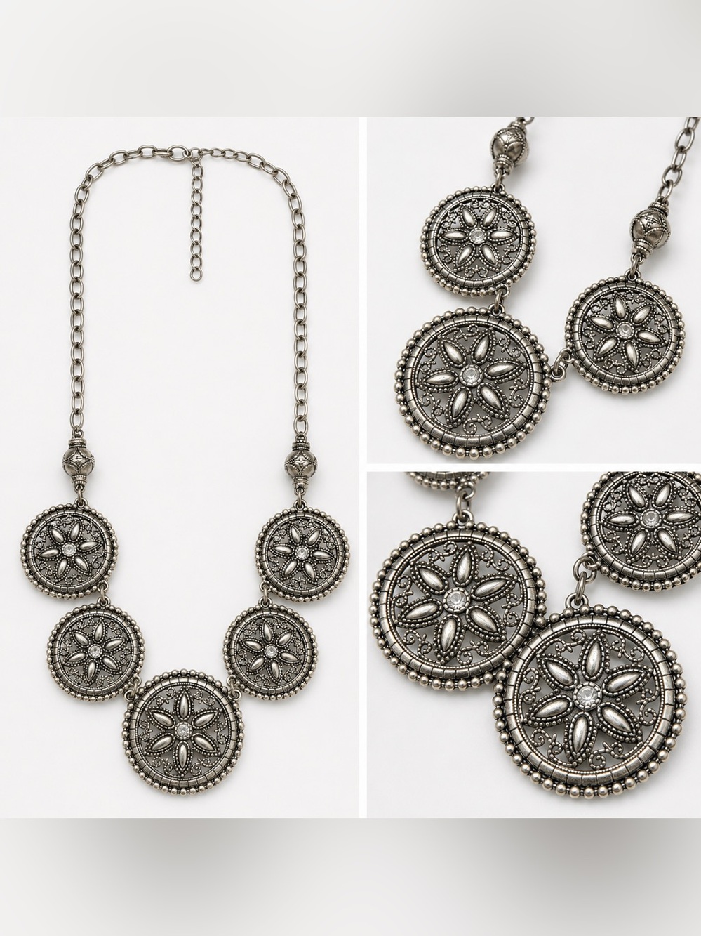 Silver Tone Floral Medallion Statement Necklace
